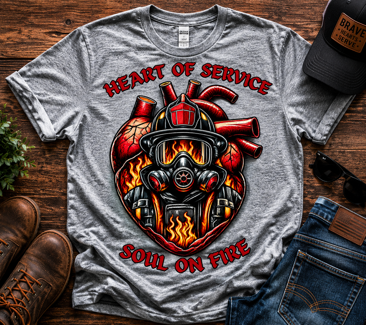 Heart of Service Soul on Fire Firefighter Graphic T-Shirt