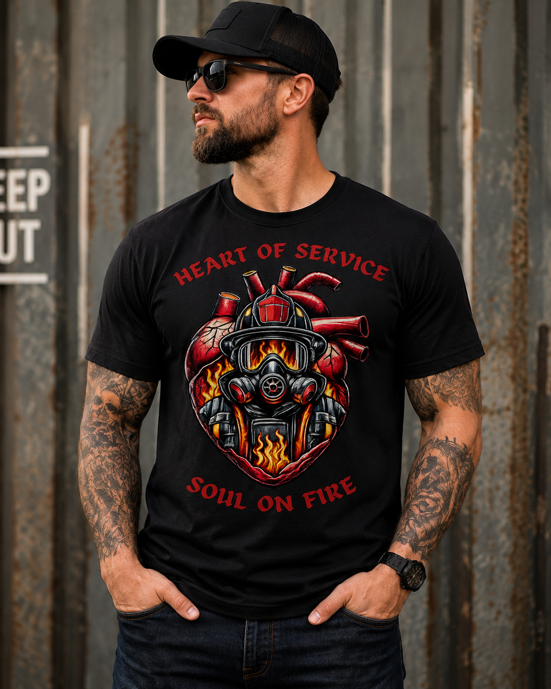 Heart of Service Soul on Fire Firefighter Graphic T-Shirt